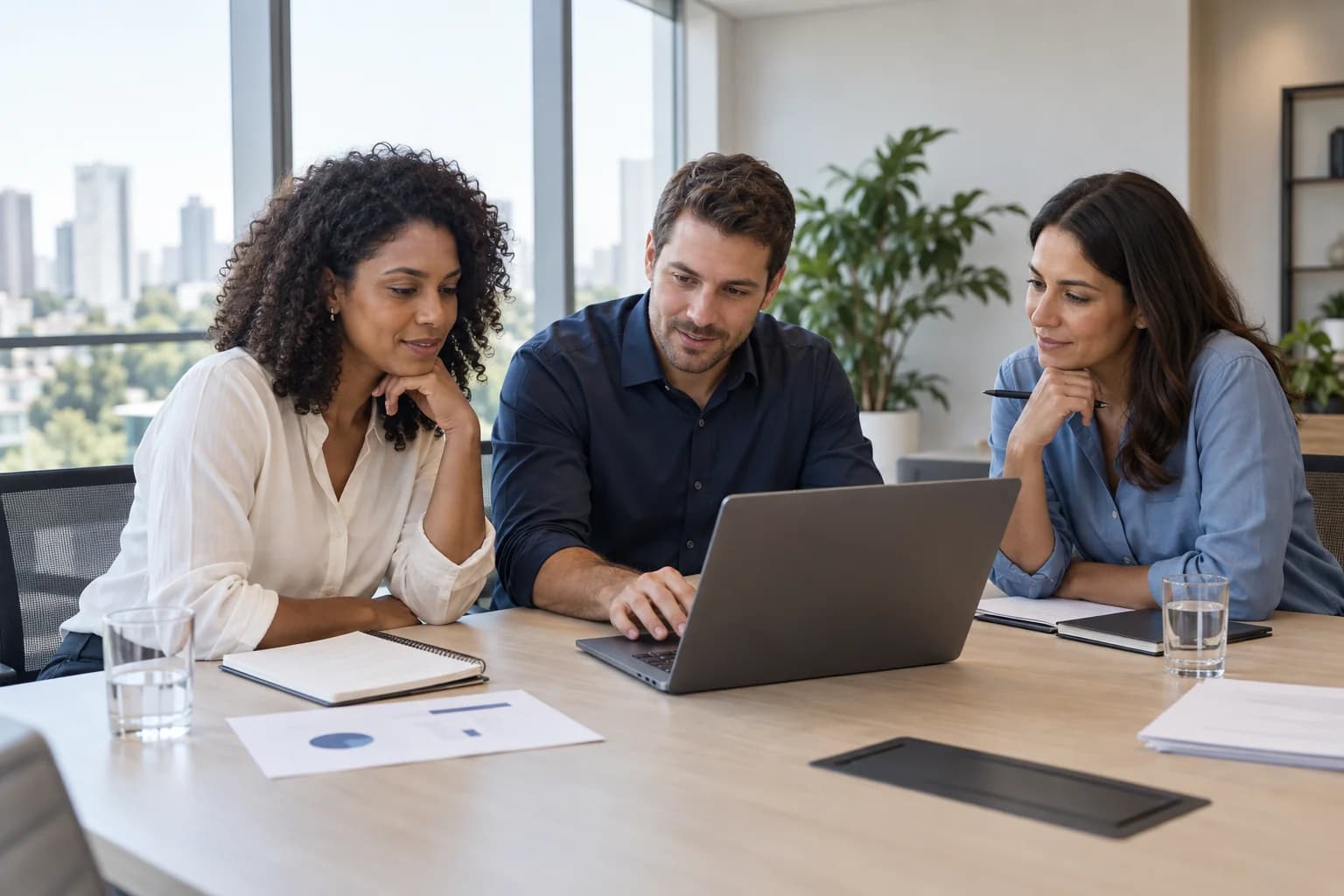 Imagem ilustrativa de uma equipe colaborando na análise de informações em um notebook.